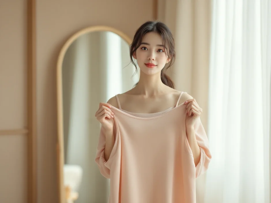 自宅の鏡の前でマタニティブラを見比べる女性のイメージ｜妊娠中の胸のサイズ変化とブラジャー選びのシーン