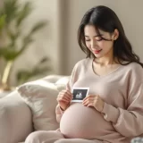 妊娠後期の女性が自宅でエコー写真を見つめているシーン｜逆子と言われた妊婦の落ち着いた気持ちのイメージ