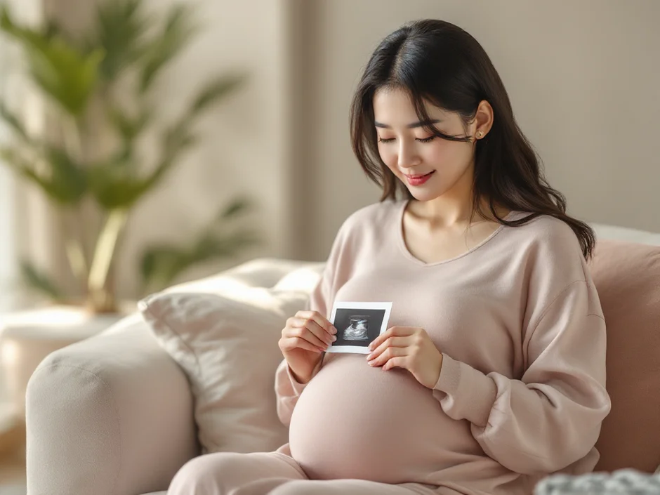 妊娠後期の女性が自宅でエコー写真を見つめているシーン｜逆子と言われた妊婦の落ち着いた気持ちのイメージ