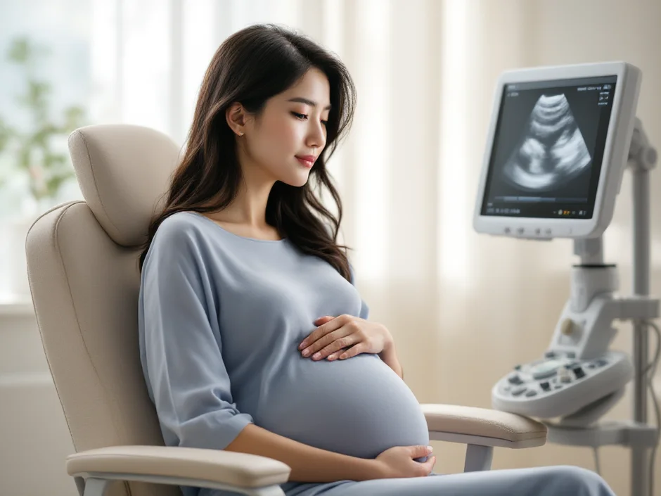 妊婦健診の診察室でエコー画面を見ながら医師の説明を聞いている女性のシーン|逆子の経過観察のイメージ