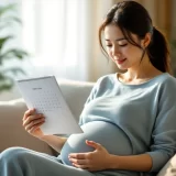 自宅でカレンダーと母子手帳を見ながら日程を確認する妊娠後期の女性のイメージ｜予定帝王切開の日程を確認するシーン