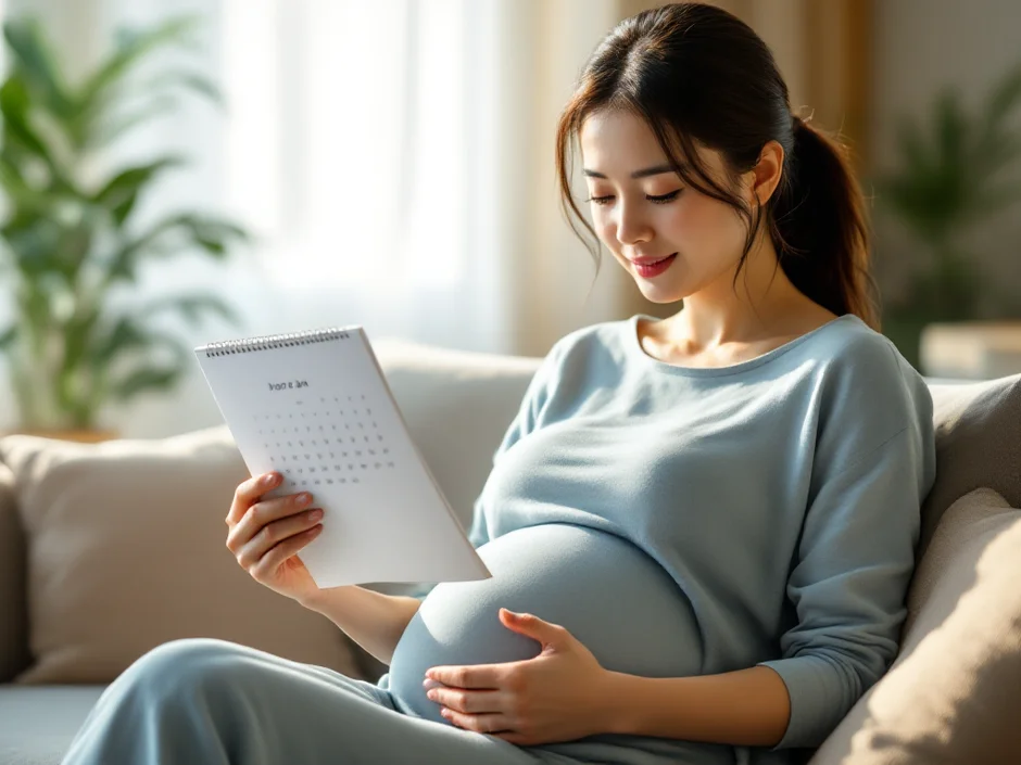 自宅でカレンダーと母子手帳を見ながら日程を確認する妊娠後期の女性のイメージ｜予定帝王切開の日程を確認するシーン