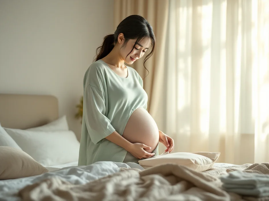 自宅で入院準備バッグに荷物を詰める妊娠後期の女性のイメージ｜予定帝王切開の準備をするシーン