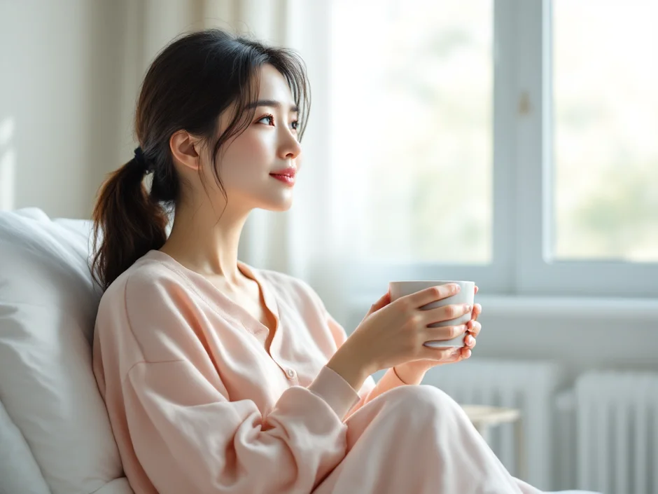 明るい病室で温かい飲み物を手に休む産後の女性のイメージ｜帝王切開後の入院中に体を休めるシーン