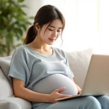 自宅でノートパソコンを見ながら無痛分娩について調べる妊娠後期の女性のイメージ｜出産方法を検討するシーン