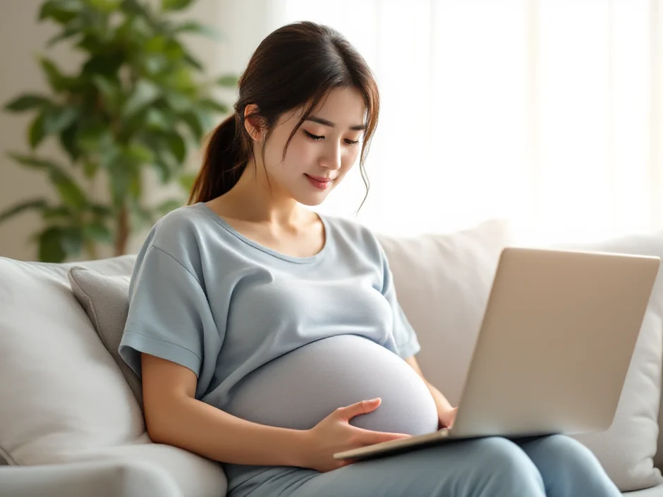 自宅でノートパソコンを見ながら無痛分娩について調べる妊娠後期の女性のイメージ｜出産方法を検討するシーン