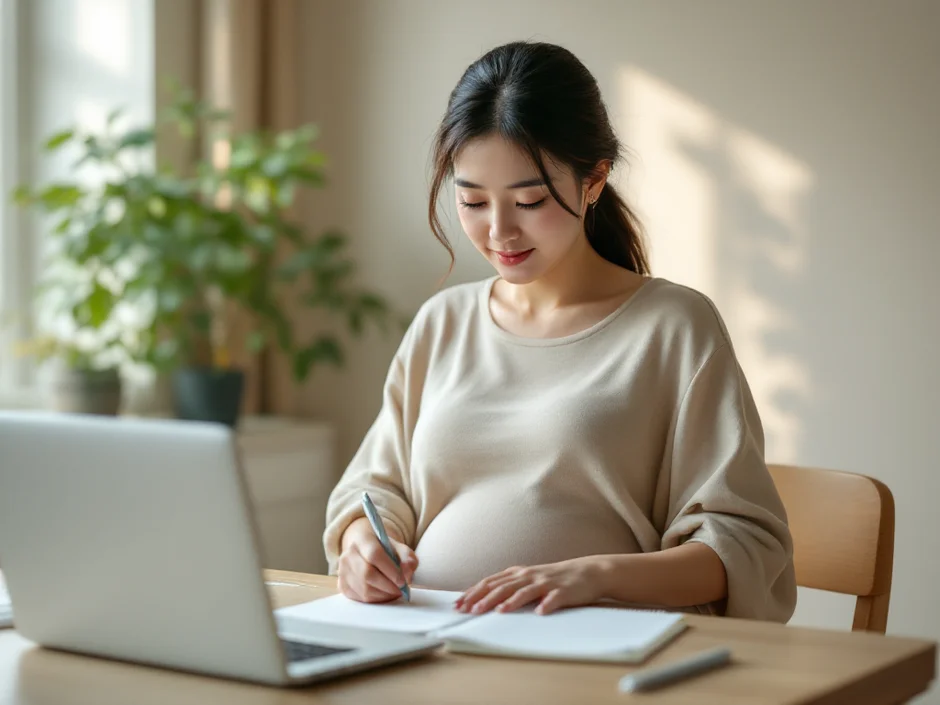 自宅で出産費用の計画を立てる妊娠後期の女性のイメージ｜無痛分娩の費用や助成金を確認するシーン