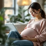 自宅でタブレットを見ながら出産の流れについて調べる妊娠後期の女性のイメージ｜会陰切開について知りたいシーン