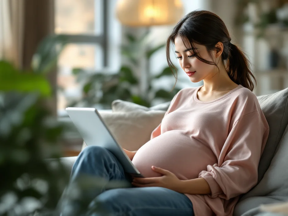 自宅でタブレットを見ながら出産の流れについて調べる妊娠後期の女性のイメージ｜会陰切開について知りたいシーン