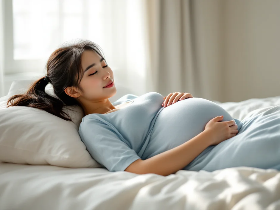 ベッドで左側を下にして横になり赤ちゃんの動きを感じる妊娠後期の女性のイメージ｜胎動を感じやすい体勢のシーン