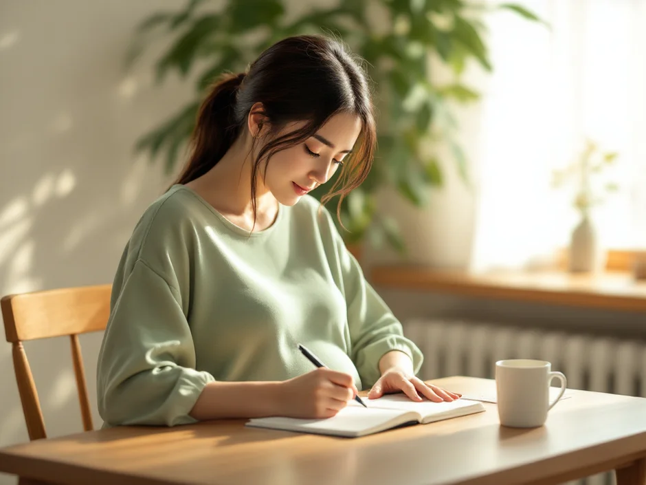 ダイニングテーブルでノートに時間を書き留めながら胎動を数える妊娠後期の女性のイメージ｜胎動カウントのシーン