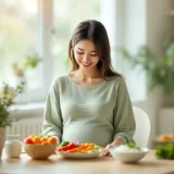 妊娠中の女性が野菜中心の食卓を前に穏やかに座っているシーン｜妊娠糖尿病の食事管理のイメージ