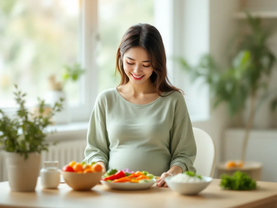 妊娠中の女性が野菜中心の食卓を前に穏やかに座っているシーン｜妊娠糖尿病の食事管理のイメージ