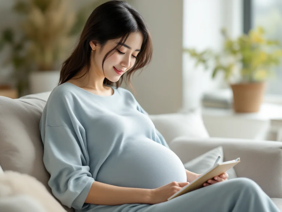 妊娠中の女性が血糖値の記録ノートに書き込んでいるシーン｜自己管理のイメージ
