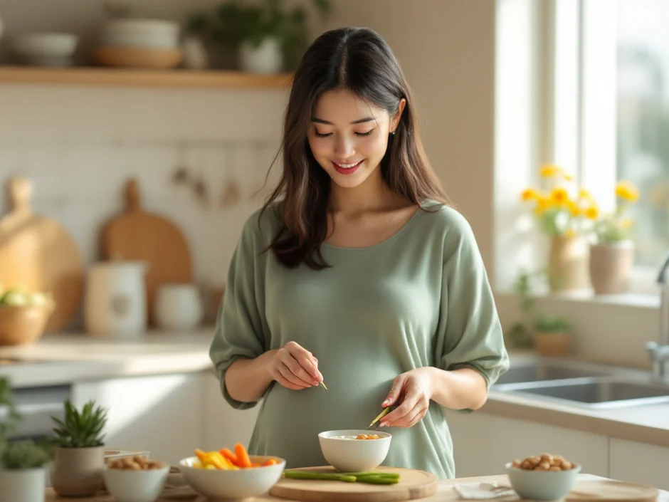 妊娠中の女性が小分けの軽食を用意しているシーン｜分割食の工夫のイメージ