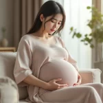 妊娠後期の女性がソファに座り腰のあたりに軽く手を添えているシーン｜妊娠中の痔のイメージ