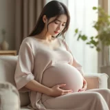 妊娠後期の女性がソファに座り腰のあたりに軽く手を添えているシーン｜妊娠中の痔のイメージ