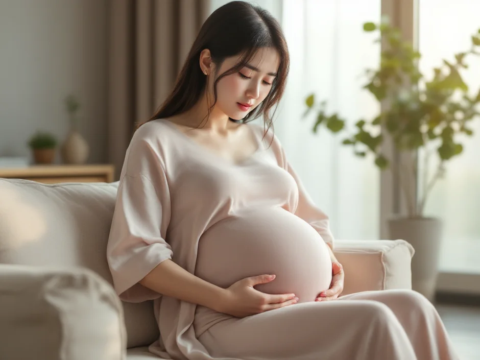 妊娠後期の女性がソファに座り腰のあたりに軽く手を添えているシーン｜妊娠中の痔のイメージ
