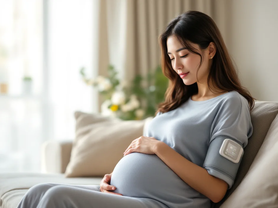 妊娠後期の女性が自宅で血圧を測定しているシーン｜妊娠高血圧症候群の自己管理のイメージ