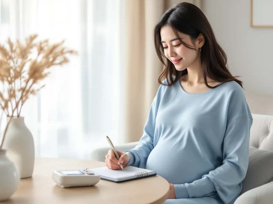 妊娠後期の女性が自宅で血圧を測定し記録しているシーン｜自己管理のイメージ