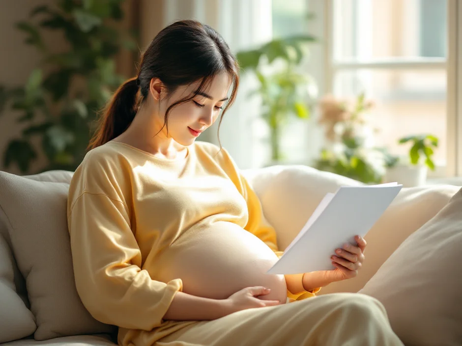 自宅でカレンダーを見ながら出産予定日について考える妊娠後期の女性のイメージ｜誘発分娩について知りたいシーン