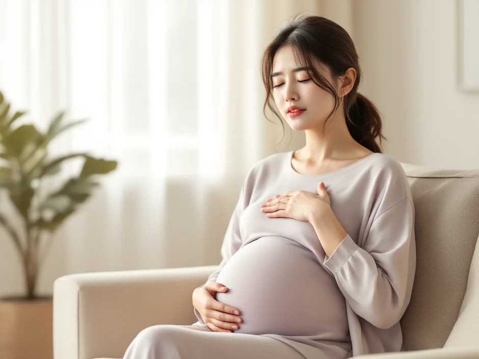 妊娠中の女性がリビングで深呼吸をして気持ちを落ち着けているシーン｜妊娠中のイライラ・情緒不安定のイメージ