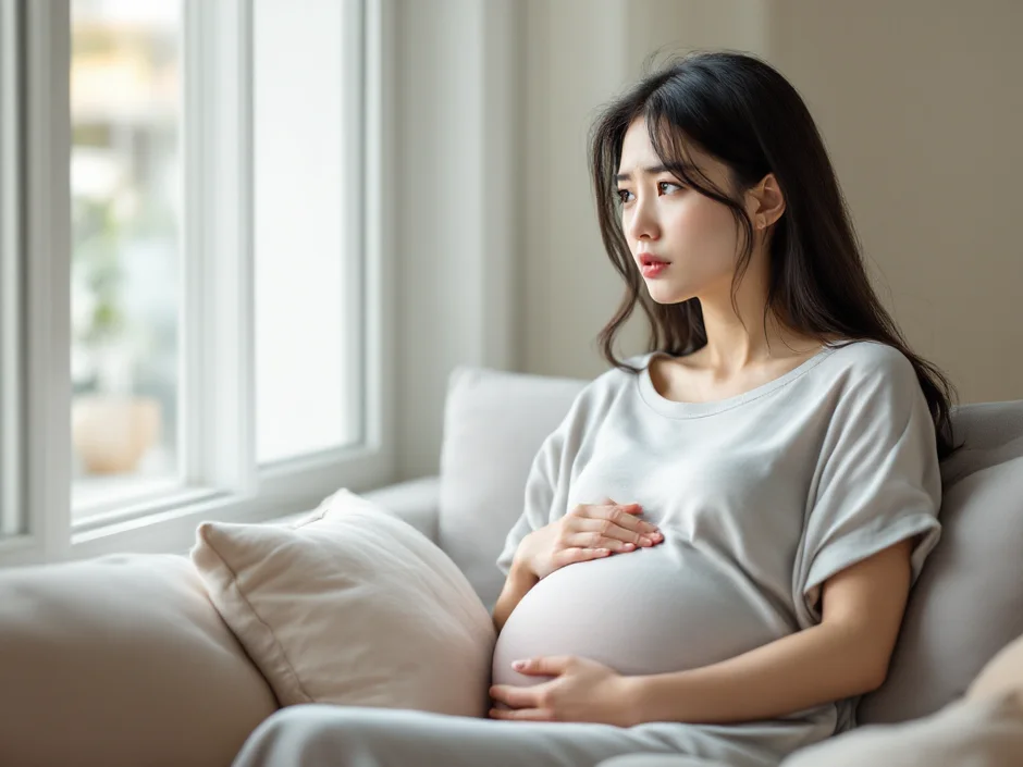 妊娠中の女性がソファで少し疲れた表情をしているシーン|理由もなくイライラする気持ちのイメージ