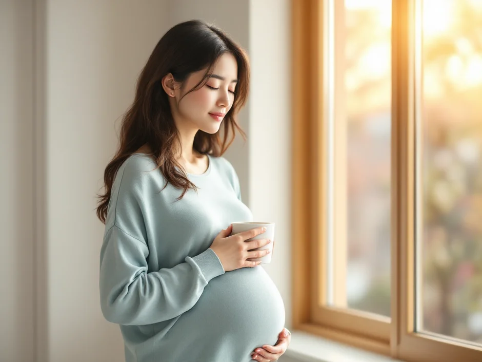 妊娠中の女性が窓辺で温かい飲み物を手に深呼吸をしているシーン|気持ちを落ち着ける対処法のイメージ