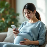 自宅のソファでスマートフォンのタイマーを確認する妊娠後期の女性のイメージ｜陣痛の間隔を計っているシーン