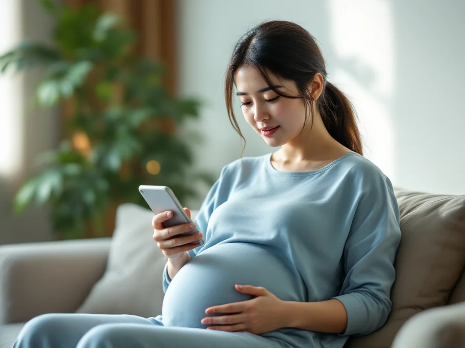 自宅のソファでスマートフォンのタイマーを確認する妊娠後期の女性のイメージ｜陣痛の間隔を計っているシーン
