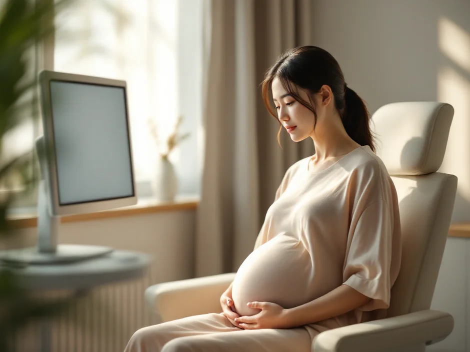 診察室で落ち着いた表情の妊娠後期の女性のイメージ｜陣痛促進剤や分娩誘発について確認するシーン