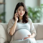 妊娠中期の女性がリビングでスマートフォンを手に相談しているシーン｜妊娠中の薬の相談イメージ