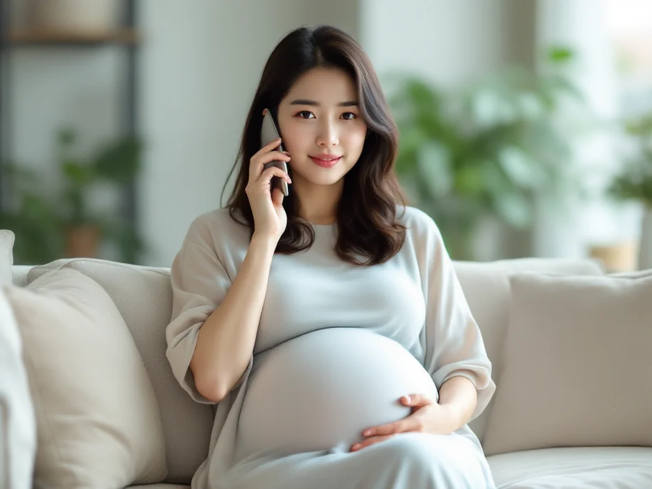 妊娠中期の女性がリビングでスマートフォンを手に相談しているシーン｜妊娠中の薬の相談イメージ