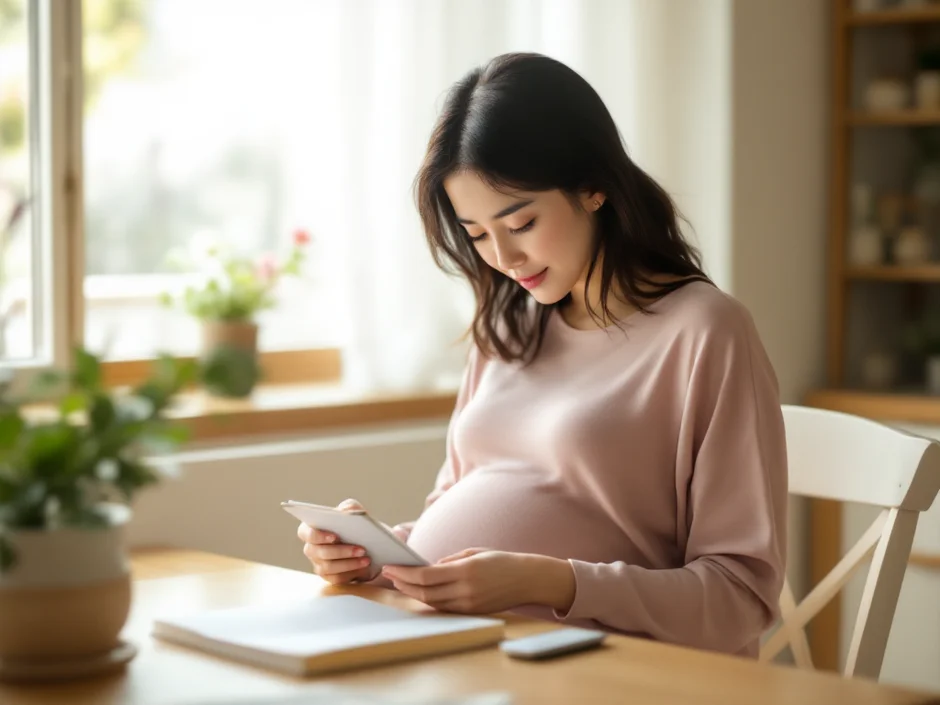 妊娠中の女性が自宅でお薬手帳を確認しているシーン｜お薬手帳を活用するイメージ