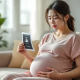 妊娠後期の女性が自宅でエコー写真を見ながらおなかに手を当てているシーン｜羊水過少で不安を感じるイメージ