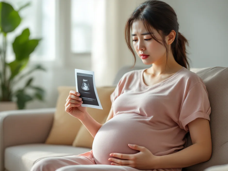 妊娠後期の女性が自宅でエコー写真を見ながらおなかに手を当てているシーン｜羊水過少で不安を感じるイメージ