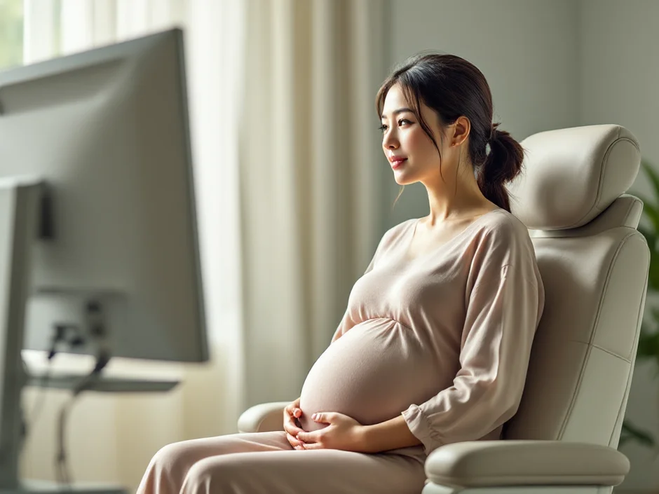 妊娠後期の女性が妊婦健診でエコー検査を受けているシーン|羊水過少の原因や診断基準を確認するイメージ