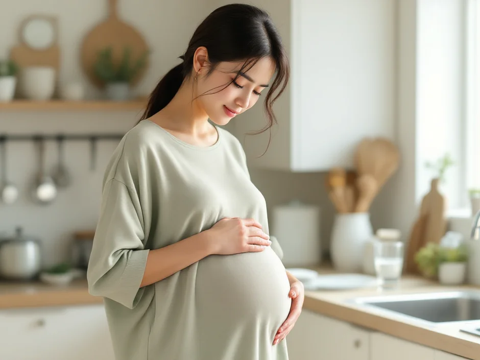 妊娠後期の女性が自宅のキッチンで水を注いでいるシーン|羊水過少と水分摂取についての説明イメージ