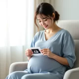 妊娠後期の女性が健診でエコー写真を見つめているシーン|前置胎盤の説明を受けたイメージ