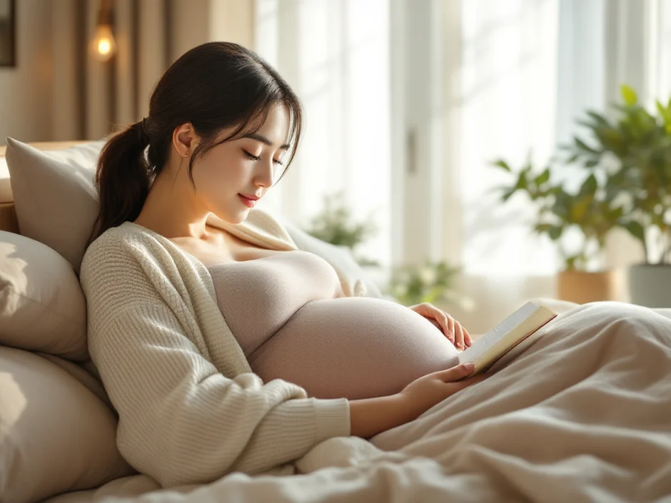 妊娠後期の女性が自宅のベッドで安静にしながら本を読んでいるシーン｜前置胎盤の自宅安静のイメージ