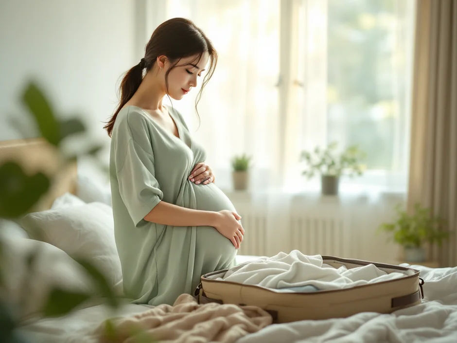 妊娠後期の女性が自宅で入院に備えたバッグに荷物を詰めているシーン｜前置胎盤の出産準備のイメージ