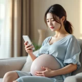 妊娠後期の女性が自宅でお腹に手を当てながら落ち着いて電話をかけようとしているシーン｜常位胎盤早期剥離の症状に気づいたイメージ
