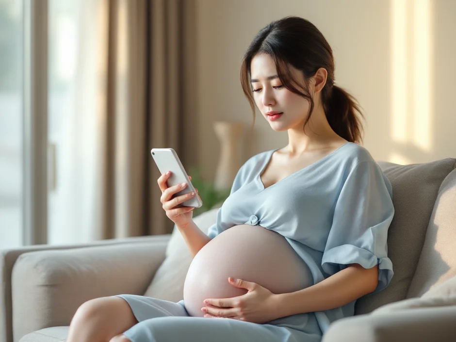 妊娠後期の女性が自宅でお腹に手を当てながら落ち着いて電話をかけようとしているシーン｜常位胎盤早期剥離の症状に気づいたイメージ