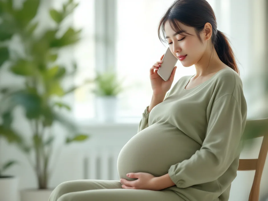 妊娠後期の女性が自宅で産院に電話をかけているシーン｜異常を感じたらすぐ連絡するイメージ