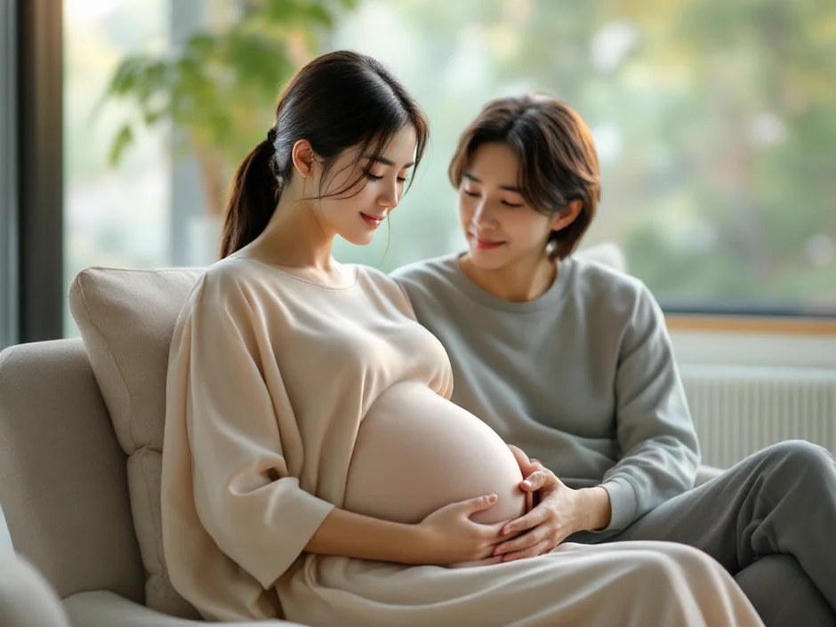 妊娠後期の女性がパートナーに付き添われて病院の待合スペースで安心した表情をしているシーン｜迅速な受診で安心につながるイメージ
