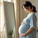 妊娠後期の女性が自宅の鏡の前で大きくなったおなかに手を当てて見つめているシーン|羊水過多でおなかが大きく感じるイメージ