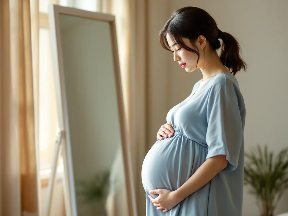 妊娠後期の女性が自宅の鏡の前で大きくなったおなかに手を当てて見つめているシーン｜羊水過多でおなかが大きく感じるイメージ