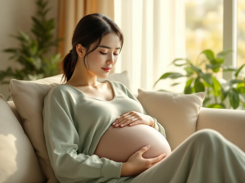 妊娠後期の女性が自宅のソファで休みながらおなかに手を当てているシーン｜羊水過多による息苦しさや張りをいたわるイメージ