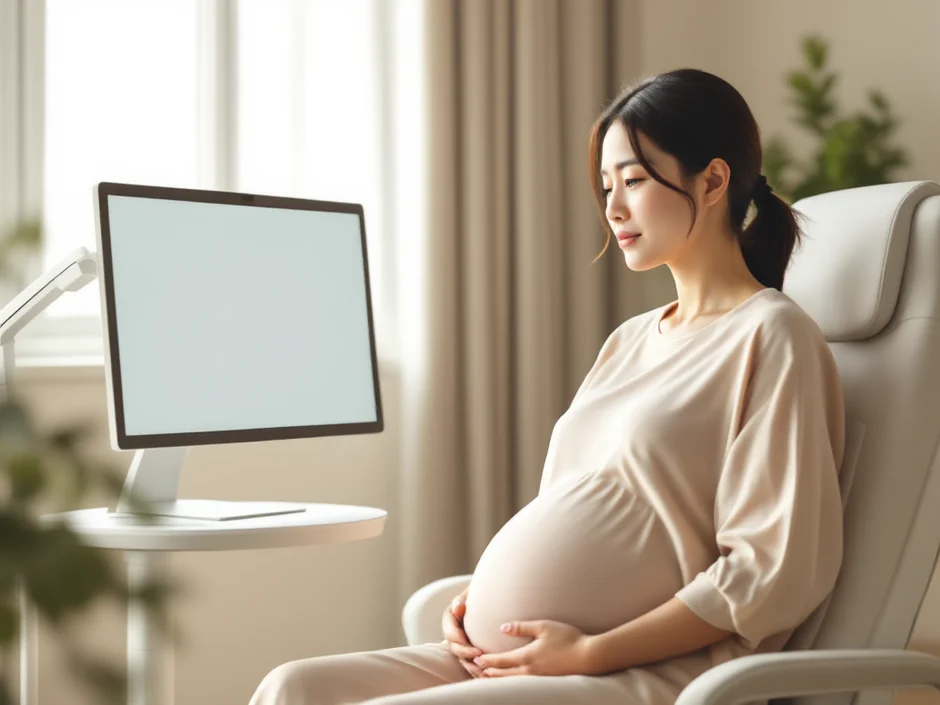 妊娠後期の女性が妊婦健診でエコー画面を見ながら説明を聞いているシーン｜経過観察で赤ちゃんの状態を確認するイメージ