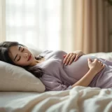 妊娠中期〜後期の女性が自宅のベッドで安静に過ごしているシーン｜切迫早産の自宅安静のイメージ